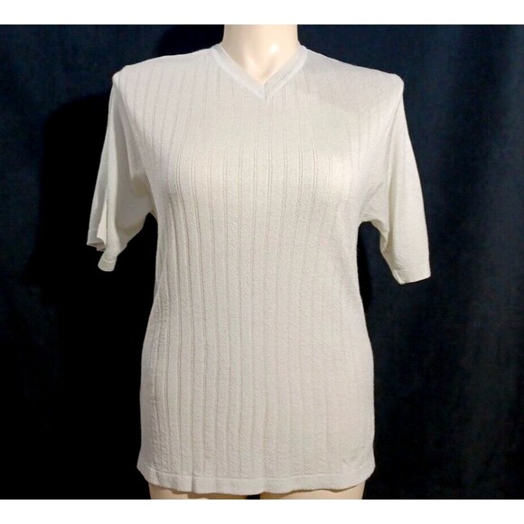 Collezione Dante Italy Knit Top Shirt Off White V Neck Rib Short Sl Mens Womens - Picture 1 of 5